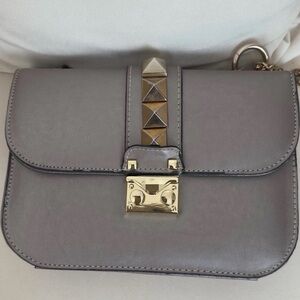 Silver Grey Leather Crossbody Bag with Gold Hardware